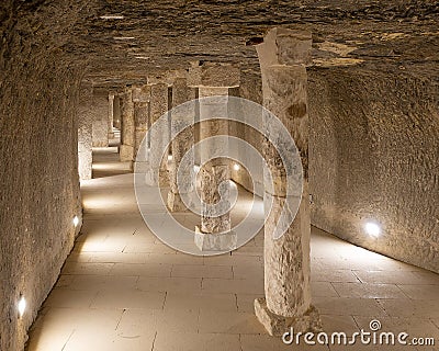 Stone columns reinforcing the passageway from the second entrance on the south side of the Djoser pyramid. Stock Photo