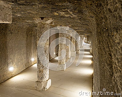 Stone columns reinforcing the passageway from the second entrance on the south side of the Djoser pyramid. Stock Photo