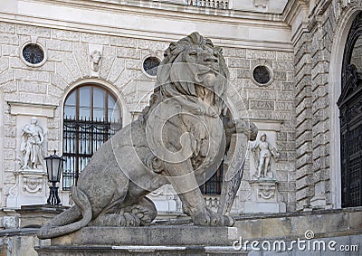 Stone sculpture Lion with Shield, Neue Burg or New Castle, Vienna, Austria Stock Photo