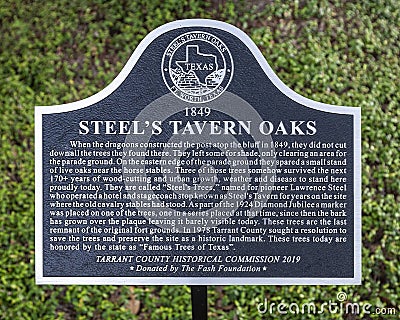 Tarrant County Historical Commission marker for `Steel`s Tavern Oaks` in downtown Fort Worth, Texas. Editorial Stock Photo