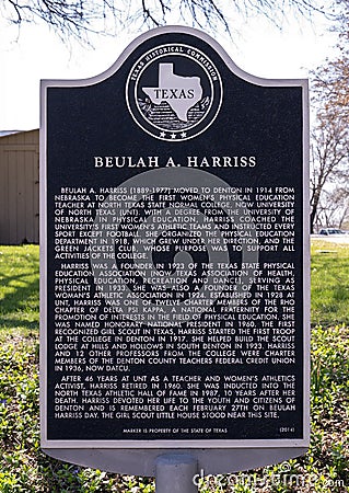 Texas Historical Commission marker for Beulah A. Harriss in Quakertown Park in Denton, Texas. Stock Photo