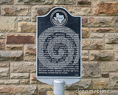 Texas Historical Commission marker for Mary Daggett Lake in the Fort Worth Botanic Garden, Texas. Stock Photo