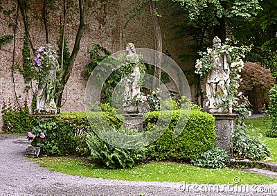 Sculptures in the Garden of the Atellani House, Museo Vigna di Leonardo, Milan. Editorial Stock Photo