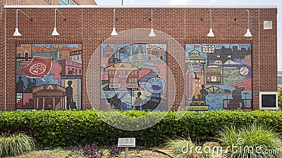 Three of six mosaic panels by artist Susan Morrison titled `History of Bricktown` in Johnny Bench Plaza in Oklahoma City. Editorial Stock Photo