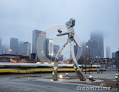 Traveling man stainless steel scupture, Deep Ellum, Dallas, Texas Editorial Stock Photo