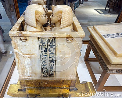 Alabaster canopic-box and movable lid inside the Museum of Egyptian Antiquities in Cairo, Egypt. Editorial Stock Photo