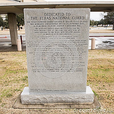 War monument dedicated to The Texas National Guard in the Veterans Memorial Garden. Editorial Stock Photo