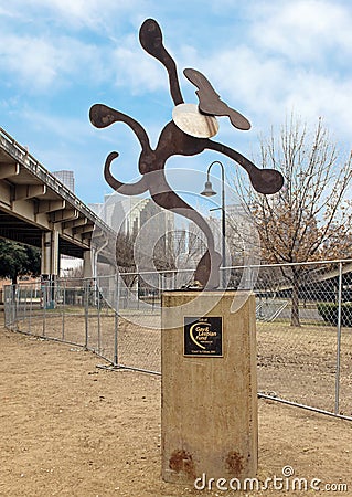 Whimsical metal dog sculpture, Bark Park Central, Deep Ellum, Texas Editorial Stock Photo