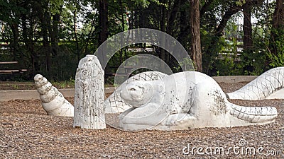 Stone beaver sculpture at the north end of the Galatyn Naure Trail in Richardson, Texas. Editorial Stock Photo