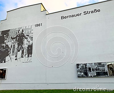 Pictures on building wall next to the remains of the Berlin wall in Bernauer strasse Editorial Stock Photo