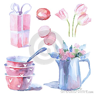 Watercolor set of pretty shabby chic elements Stock Photo