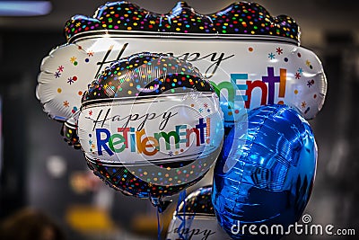 Pictures of happy retirement balloons Stock Photo