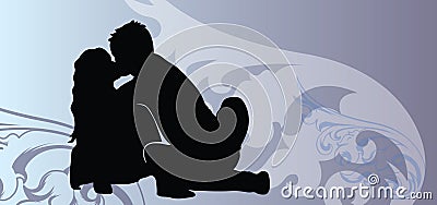 Pictures with kissing couple silhouettes on Valentine day Vector Illustration