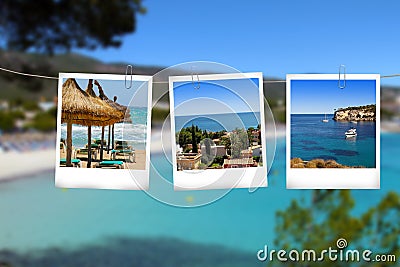 Pictures from Mallorca vacations hanging on the rope Stock Photo