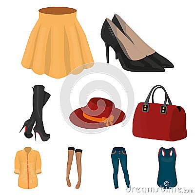 Pictures about types of women`s clothing. Outerwear and underwear for women and girls. Woman clothes icon in set Vector Illustration