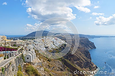The picturesque aerial panoramic view from the height on the town of Fira and the surrounding area . Santorini island. Stock Photo