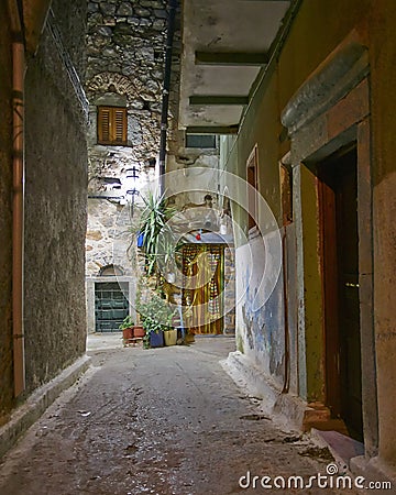 Picturesque alley night view, Chios island Stock Photo