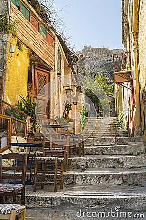 Picturesque alley at plaka leads to acropolis. Stock Photo