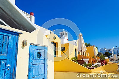 Pretty traditional houses terraces in Fira Santorini Greece Stock Photo