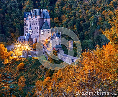 Picturesque autumn scenery of Burg Eltz castle at twilight, Rhineland-Palatinate, Germany Editorial Stock Photo