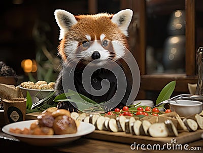 Red panda waiter serving sushi in bamboo forest Stock Photo