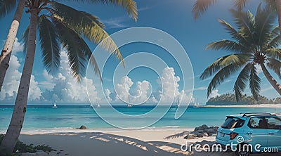 Picturesque beach scenery is accentuated by towering coconut trees. Stock Photo