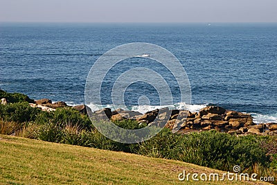 Waterfront lookout on hill with idyllic and amazing seaside landscape of shrubs and grass, jagged coast with rocks, ocean horizon Stock Photo