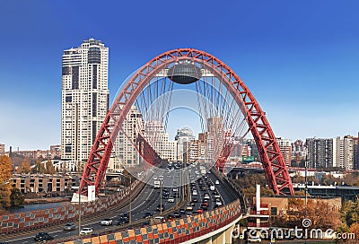 Picturesque bridge over the Moscow river on a sunny day, top view. Moscow Editorial Stock Photo