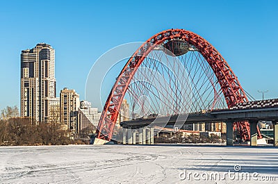 The picturesque bridge in the Silver forest in winter. Stock Photo