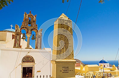 Picturesque churches of Pyrgos Kallistis Santorini scenery Greece Stock Photo