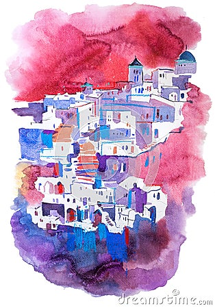 Picturesque city landscape. Summer resort town Watercolor illustration. Cartoon Illustration