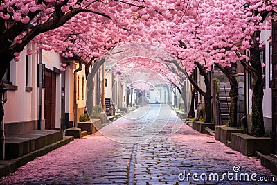 A picturesque cobblestone street lined with beautiful cherry blossom trees in full bloom, A whimsical cobblestone street lined Stock Photo