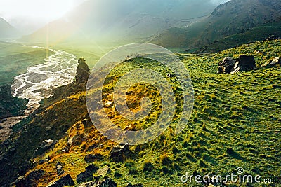 Picturesque Colorful Mountain Valley During Sunset. Elbrus, North Caucasus, Russia Stock Photo