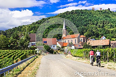 Beautiful Husseren le chateaux village,view with geometric vineyards and hill,Alsace region,France. Stock Photo