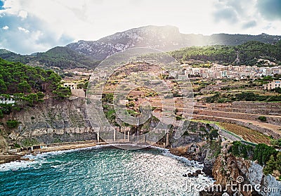 Picturesque cove and Mediterranean Sea of Banyalbufar village. Mallorca, Spain Stock Photo