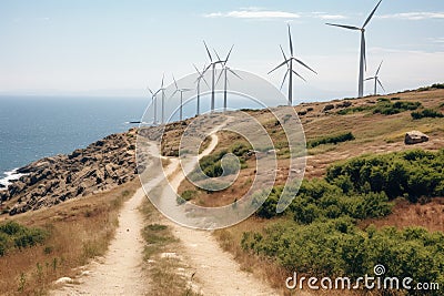 A picturesque dirt road leading through the countryside towards a cluster of majestic windmills, View from Cape Kaliakra to an Stock Photo