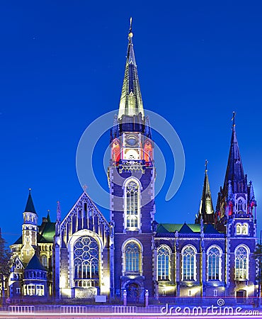 Evening view of the old Church of Sts. Olha and Elizabeth in Lviv, Ukraine Stock Photo