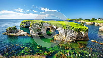 Picturesque golf course on cliff edge with rock arches and stunning ocean scenery Stock Photo