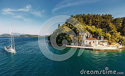 Picturesque Greece landscape with yacht during sunset. Wonderful colorful seascape. Sailing ship yachts with white sails at opened Editorial Stock Photo