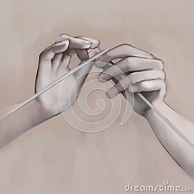 Picturesque hand drawing knitting needles. Illustration. Stock Photo