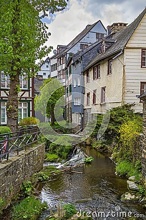 Houses along the Rur river, Monschau, Germany Stock Photo