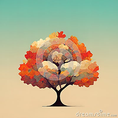 Picturesque illustrated autumn tree. Stylized autumn tree. Autumn postcard. Autumn symbol. Oil painting effect. Digital Cartoon Illustration