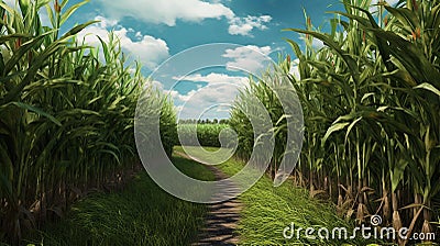 Path through corn field with blue cloudy sky Stock Photo