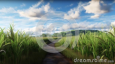 Path through sugarcane field with blue cloudy sky Stock Photo