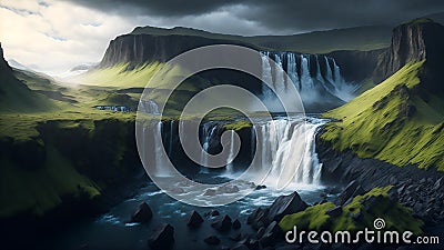 Picturesque Irish landscape with mountains and waterfalls, harsh northern nature. AI generation Stock Photo