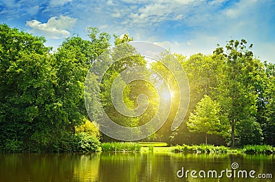 Picturesque lake, summer forest on banks and the sunrise Stock Photo