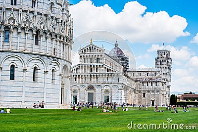 Picturesque landscape with church and famous sloping tower in Pisa, Italy. fascinating exotic amazing places. Editorial Stock Photo
