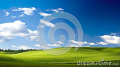 picturesque landscape features lush green hills stretching beneath clear blue skies Stock Photo