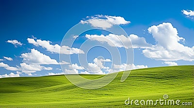 picturesque landscape features lush green hills stretching beneath clear blue skies Stock Photo