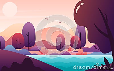 Picturesque landscape flat style vector illustration, autumn scenery backdrop. Vector Illustration